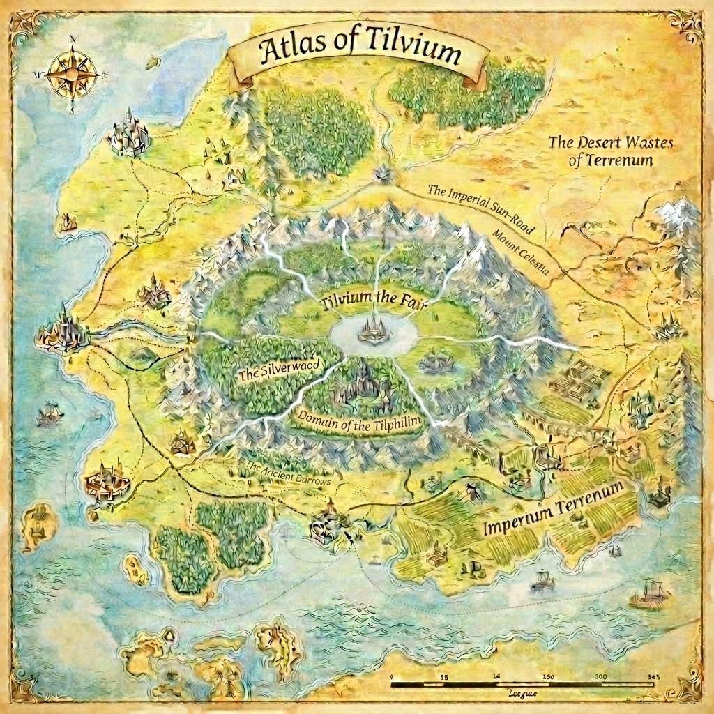 Atlas of Tilvium showing all regions: the floating island, Imperium Terrenum, Imperium Borealis, Imperium Occidentis, Desert Wastes, Mount Celestia, and the Grey Labyrinth.