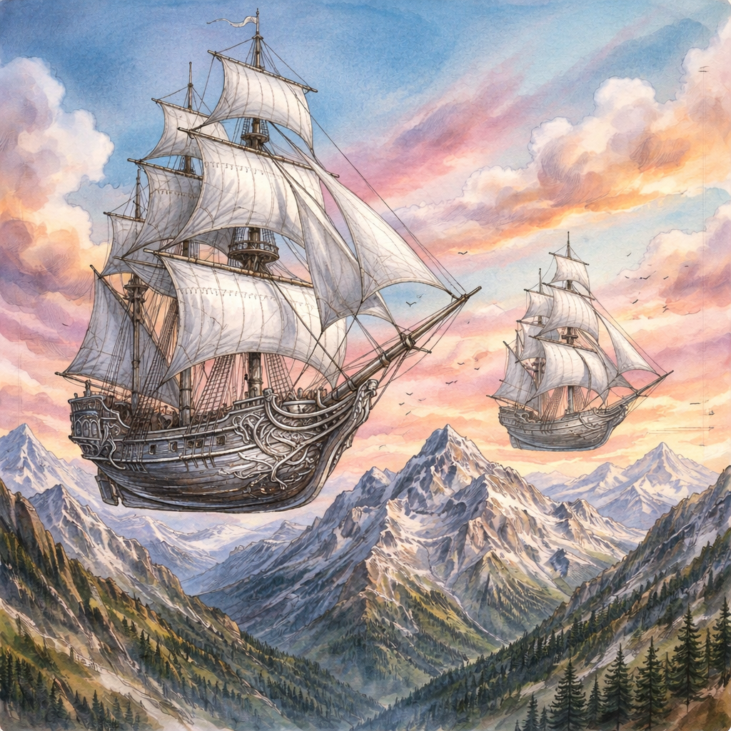 A Tilvium airship flying above silver towers, Tilvi trees, mountains, and bright skies.