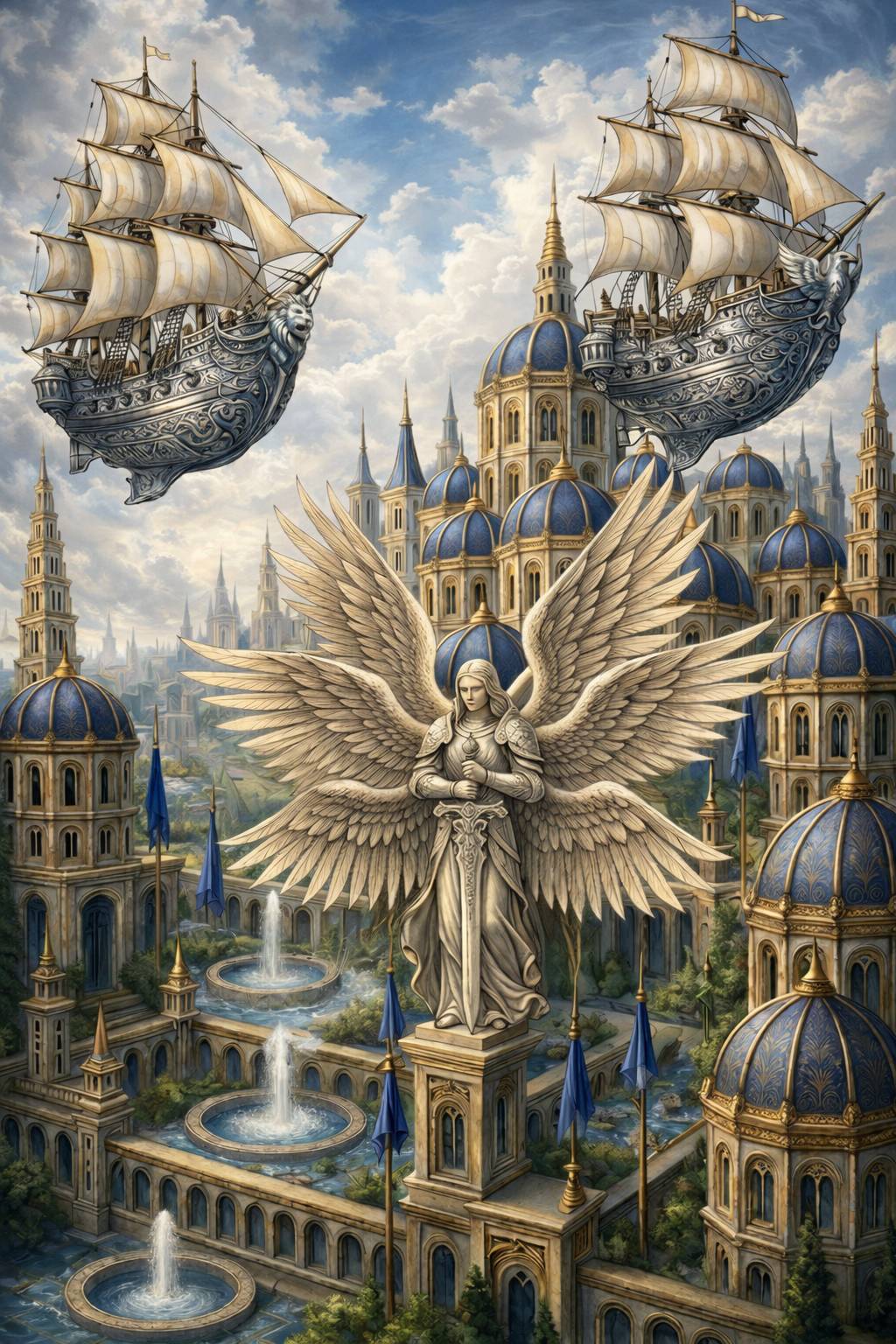 The City of Tilvium the Silver — silver towers on a floating island above waterfalls.