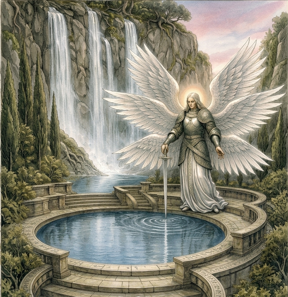 The Falls of Tilvium — cascading waterfalls beneath the floating island.