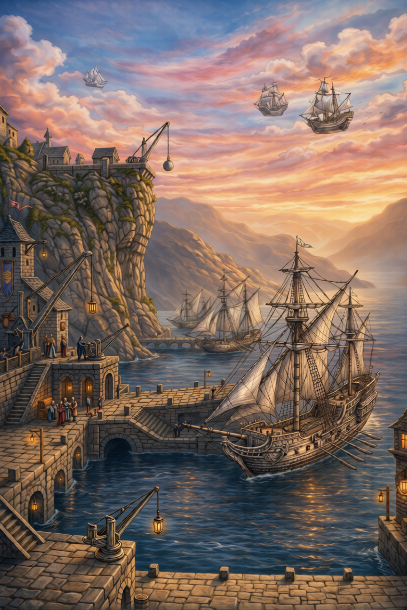 Harbor and Moorings — docks with airships at anchor.