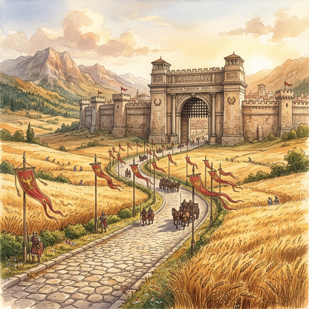 Imperium Terrenum Gateway — a Roman-style imperial gateway with eagle banners.
