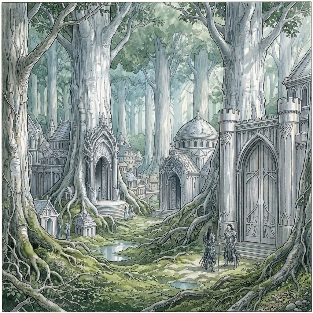 Tilphilim Village Silvaria — a forest village among silver-barked trees.