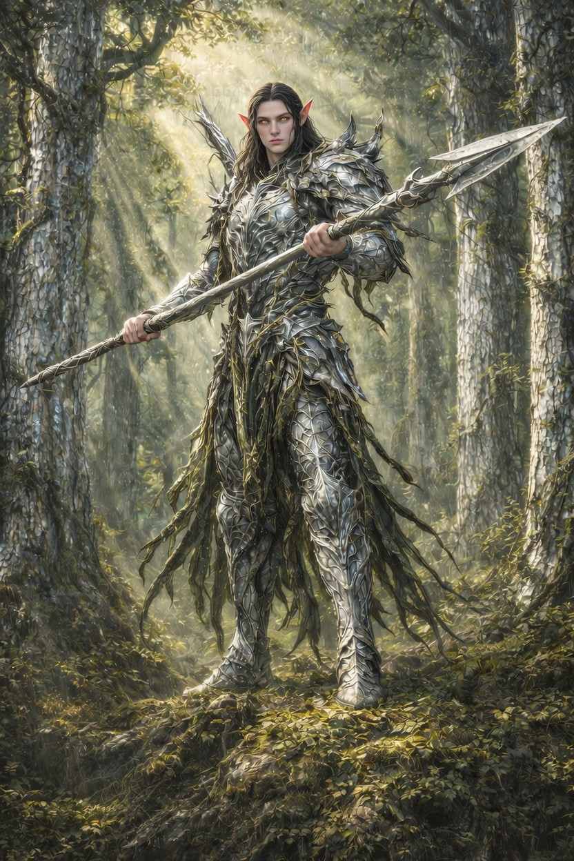 The Tilphilim — a tall forest guardian with bark-plated armor and amber eyes.