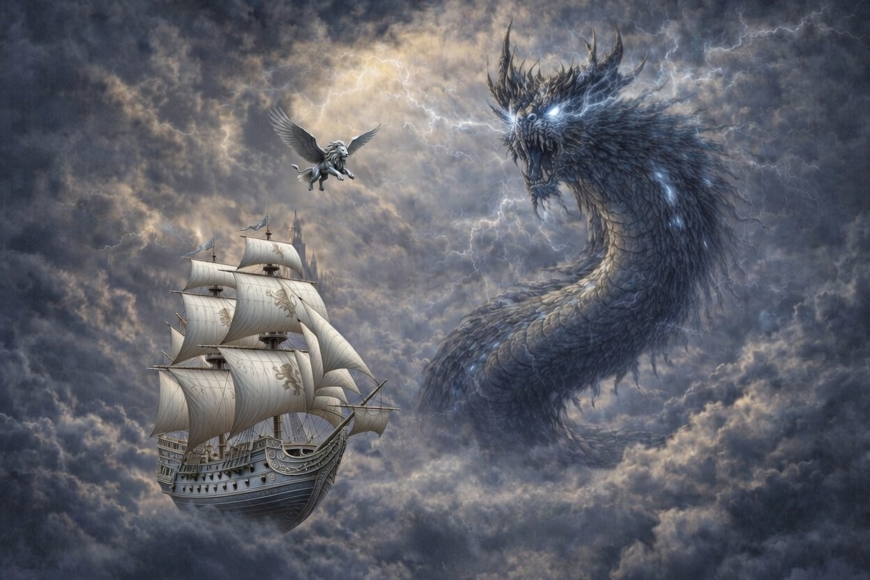 The Tilviathan — a colossal celestial beast rising from clouds.
