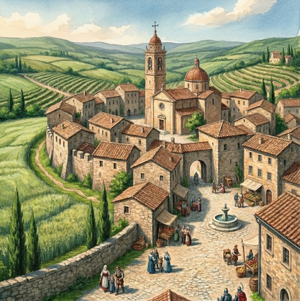 Village of Tilvium — a rural settlement with cottages and fields.